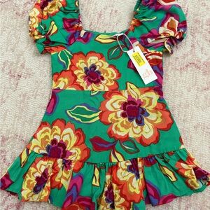 Gianni Bini Green Floral Puff-Sleeve Dress with Multicolor Blooms